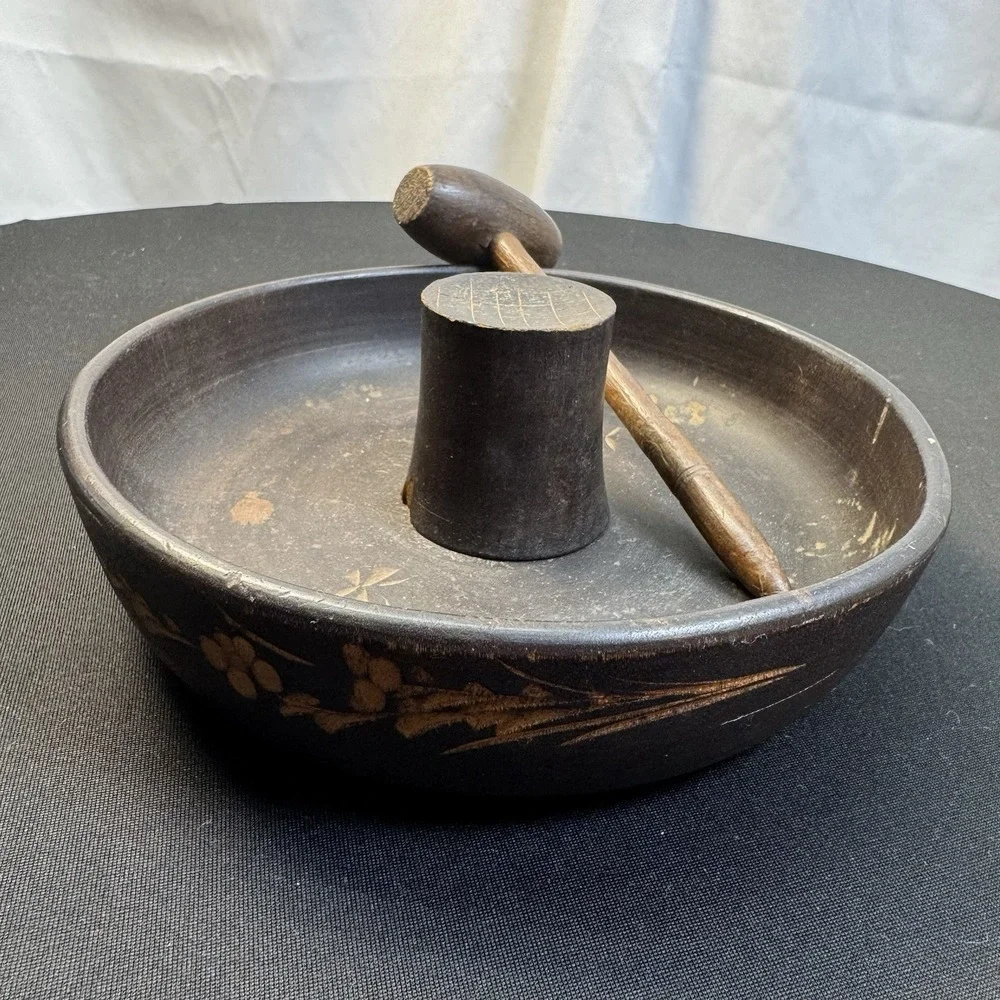 Vintage Japanese Wooden Nut Bowl With Mallet/Hammer